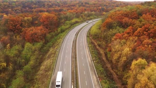 Inclinación Revelar Drone Disparo a lo largo de la autopista con coches y camiones conduciendo entre árboles amarillentos — Vídeo de stock