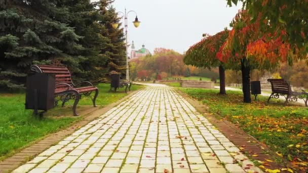 POV Spaziergang auf dem Fliesenpflaster mit Bänken und rotem Laub im Herbsttag — Stockvideo