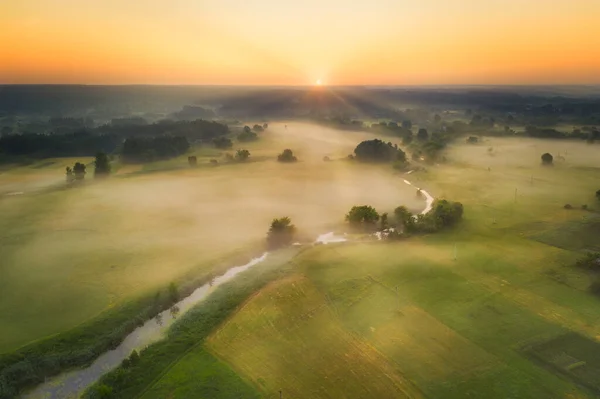 Paisagem ao amanhecer - um pequeno rio no nevoeiro com árvores e arbustos entre os prados verdes de verão — Fotografia de Stock
