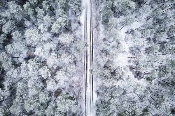 Vista aérea de la carretera forestal en el día de invierno - Paisaje del bosque de drones. — Foto de Stock