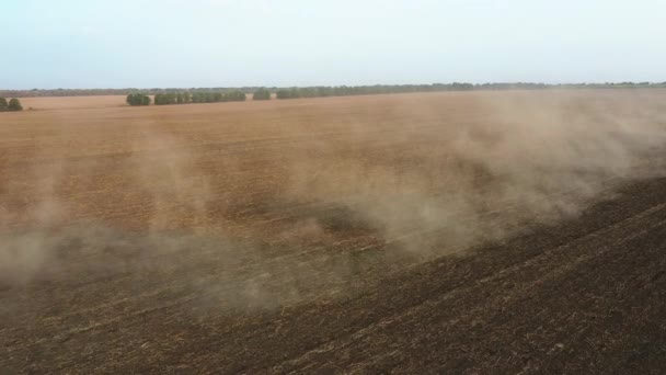 Σκόνη στον αέρα πάνω από ένα καλλιεργούμενο χωράφι το φθινόπωρο μετά τη συγκομιδή — Αρχείο Βίντεο