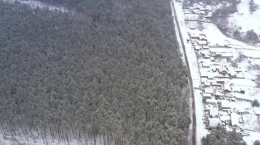 Kışın köyün yakınındaki ormanın kıyısındaki orman tahrip bölgesi karlı bir havada insansız hava aracı tarafından vuruldu.