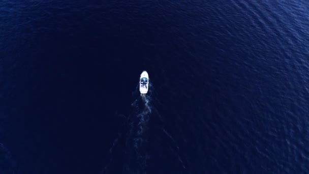 Beyaz küçük tekne mavi derin sularda yelken açar - İHA atışını takip eder — Stok video