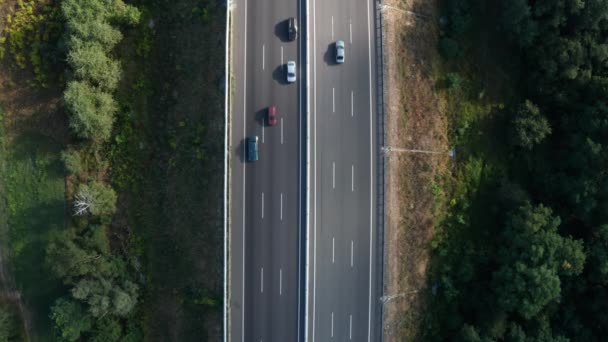 Widok z góry Statyczny strzał drona - lot nad autostradą z ruchem samochodowym na odcinku autostrady — Wideo stockowe