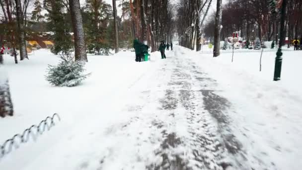 Charkiw, Ukraine, Januar 2021: Arbeiter des Energieversorgers räumen Schnee während eines Schneefalls im Gorki-Park. — Stockvideo