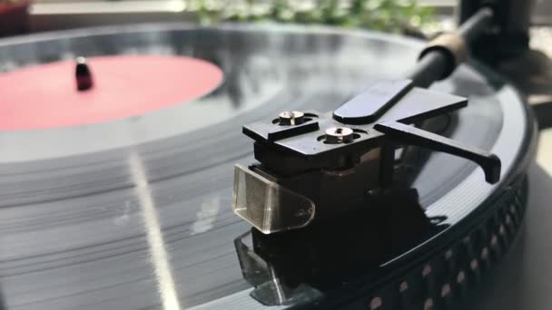 Needle of an old record player with a black needle in front of the window — Stock Video