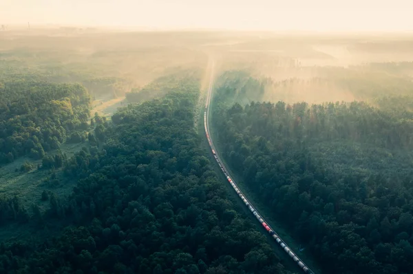 O trem atravessa a floresta no nevoeiro ao amanhecer em uma manhã de verão - tiro aéreo — Fotografia de Stock