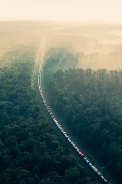 O trem atravessa a floresta no nevoeiro ao amanhecer - tiro aéreo — Fotografia de Stock
