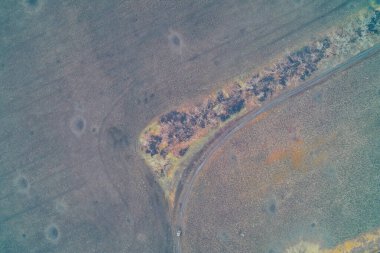 Keskin kıvrımlı bir alan koruma ağaç hattının havadan görünüşü yangın ve savaş hasarı belirtileri gösteriyor. Bitişik alanlar birden fazla patlama krateri tarafından yaralanmış durumda. Bu da savaşın çevresel etkilerini gösteriyor.