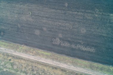 Kümelenmiş çarpışma kraterlerinin ve toprak yol ve ağaç hattının bitişiğindeki bombardıman izlerinin bulunduğu çorak bir tarım alanı. Bu ıssız arazi, askeri faaliyetlerin yakın çevresini ve tarım arazileri üzerindeki yıkıcı etkisini gözler önüne seriyor.