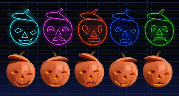 Grote set oranje en neon pompoenen voor uw ontwerp op donkere achtergrond. Karakters Halloween. Set van de gelukkige en kwaadaardige pompoen. 3D realistische vector illustratie. — Stockvector