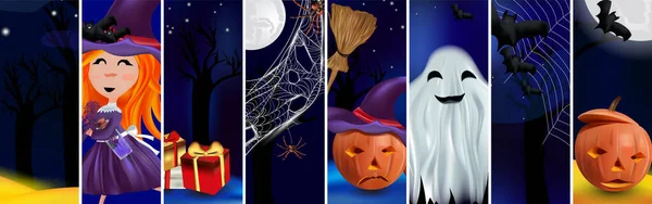 Karakters Halloween pompoenen, kleine heks, spinnenweb, vleermuizen, bezemsteel, spinnen, geest, toverdrank. Concept Gelukkige Halloween. Vectorillustratie. — Stockvector