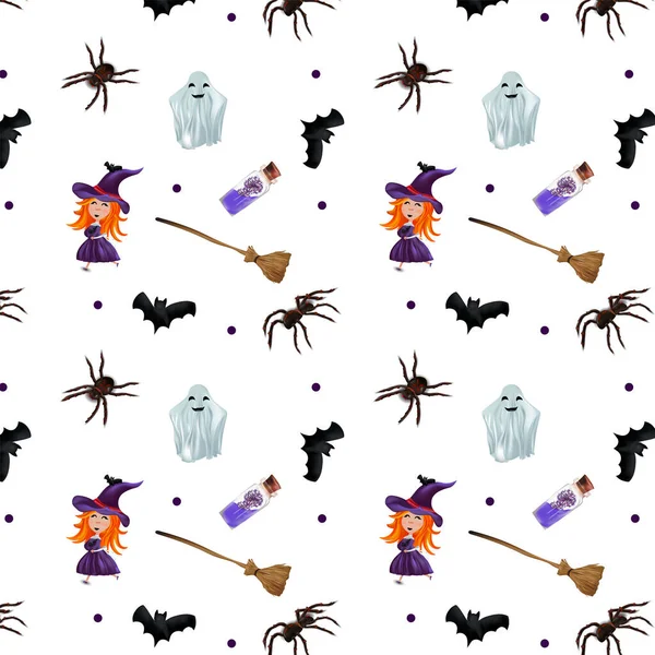 Gelukkig Halloween, naadloos patroon met spoken, kleine heks, bezemsteel, vleermuizen, toverdrank op transparante achtergrond. Vectorillustratie — Stockvector