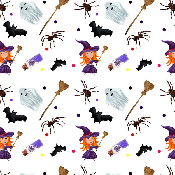 Halloween vakantie, naadloos patroon met geesten, kleine heks, bezemsteel, vleermuizen, toverdrank. Realistische figuren Halloween. Vectorillustratie. — Stockvector