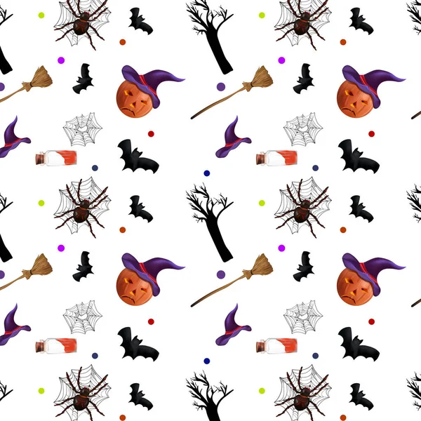Halloween vakantie, naadloos patroon met spin, vleermuizen, toverdrank, spinnenweb, pompoenen en bezemsteel. Concept Halloween. Vectorillustratie. — Stockvector