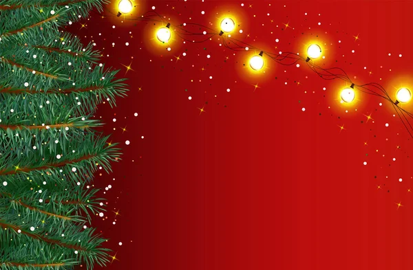 Ano Novo, fundo de Natal com flocos de neve, brilhos em um fundo vermelho. Ramos de árvore de Natal com guirlandas brilhantes com espaço de cópia, em branco, banner para o seu texto. ilustração vetorial 3d —  Vetores de Stock