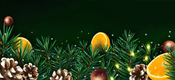 Christmas decor with of pine branches, pine cone, orange, sparkles, garland, and Christmas toys. Illustration with Christmas element for your poster, banner, cards. Vector illustration — Stock Vector