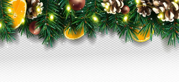 Realistic Christmas decor with of pine branches, pine cone, orange, sparkles and Christmas light garland on transparent background. Christmas illustration for your poster, banner, cards. Vector. — Stock Vector