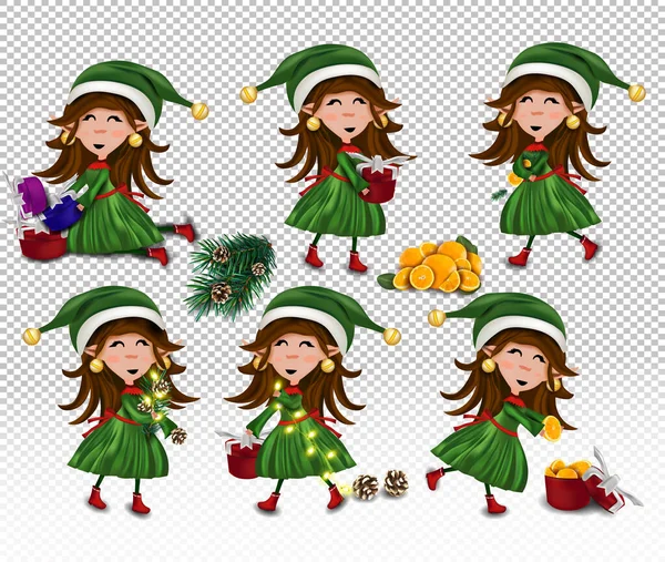 Set of Christmas elves with gift present. Christmas elements pine cone, present, orange, fir branches, magic garland. Vector icon — Stock Vector
