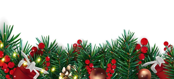 Рождественский декор с сосновыми ветвями конуса, огни, красные ягоды, сосновый конус и подарок. Рождественские элементы для вашего плаката, баннера, открытки на белом фоне. Векторная иллюстрация — стоковый вектор