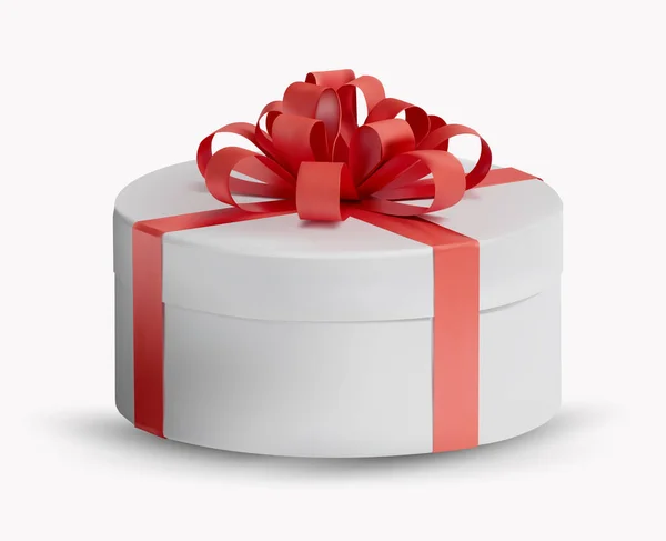 Реалістична подарункова біла коробка в червоній стрічці і лук зверху. Подарункова коробка для вашого дизайну. Свято подарункової круглої коробки. Векторні ілюстрації . — стоковий вектор