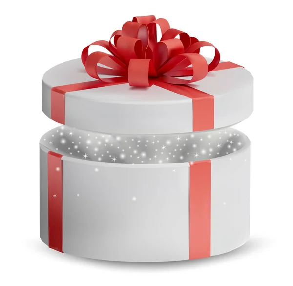 Kinyitott ajándék fehér doboz piros szalaggal és íj a tetején. Ünnep, ajándék kerek doboz, benne csillogással. Vektorillusztráció — Stock Vector