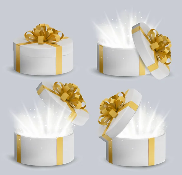 Колекція Подарункова біла коробка в золотій стрічці і лук зверху. Свято, подарункова кругла коробка з блискітками всередині та яскравими променями світла. Новорічно-різдвяний дизайн. Векторні ілюстрації — стоковий вектор
