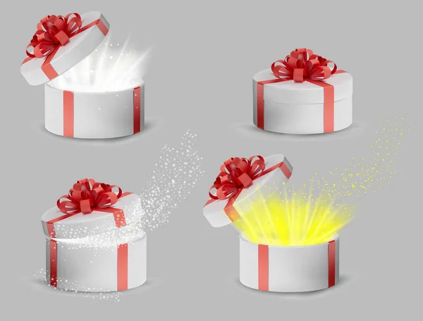 Колекція Подарункова біла коробка в золотій стрічці і лук зверху. Свято, подарункова кругла коробка з блискітками всередині та яскравими променями світла. Новорічно-різдвяний дизайн. Векторні ілюстрації — стоковий вектор