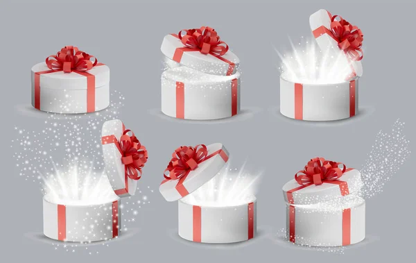 Collection Gift white box in a red ribbon and bow on top. Opened Holiday round box with sparkles inside and bright rays of light. Celebration decoration objects. Vector illustration. — Stock Vector