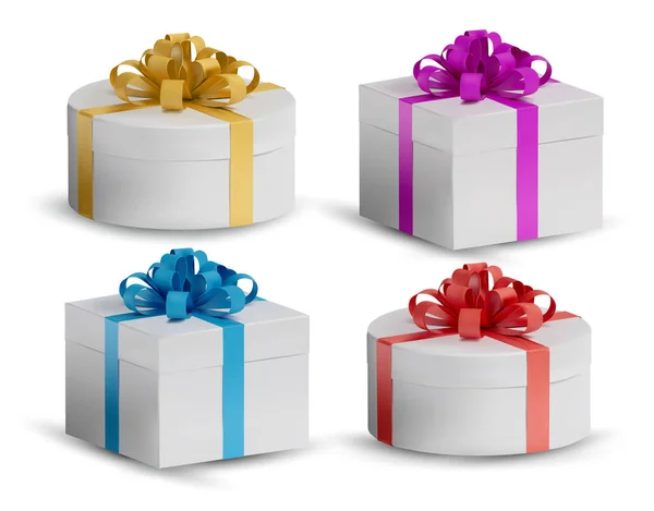 Gyűjtemény Ajándék fehér doboz egy piros, arany, kék íj tetején. Reális, zárt Holiday box fehér háttérrel. Ünnepi dísztárgyak. Vektorillusztráció — Stock Vector