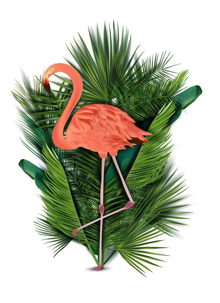 Flamingó rózsaszín, fehér háttérrel. Egzotikus madár flamingó trópusi levelekkel. Reális vektor illusztráció — Stock Vector