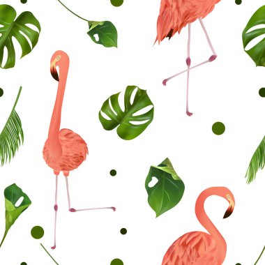 Seamless pattern with tropical leaf and pink flamingo for your design, wallpapers, textile. Beautiful pink bird and palm leaves, monstera on white background. Vector illustration