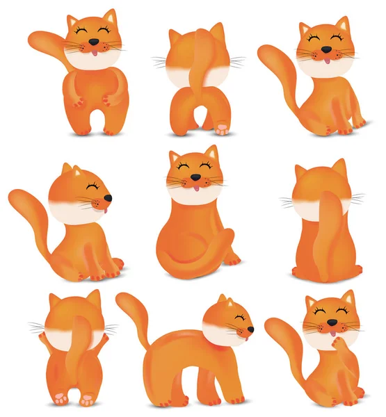 Collection de chats mignons dans différentes poses. Des chats domestiques et drôles sur fond blanc. Des chats rouges. Icônes vectorielles — Image vectorielle