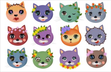 Komik şirin kediler bahar çiçeğiyle farklı duygulara sahip yüzler. Renkli kediler mutlu, üzgün, çılgın, neşeli. Kedi karakterleri. Vektör illüstrasyonu.