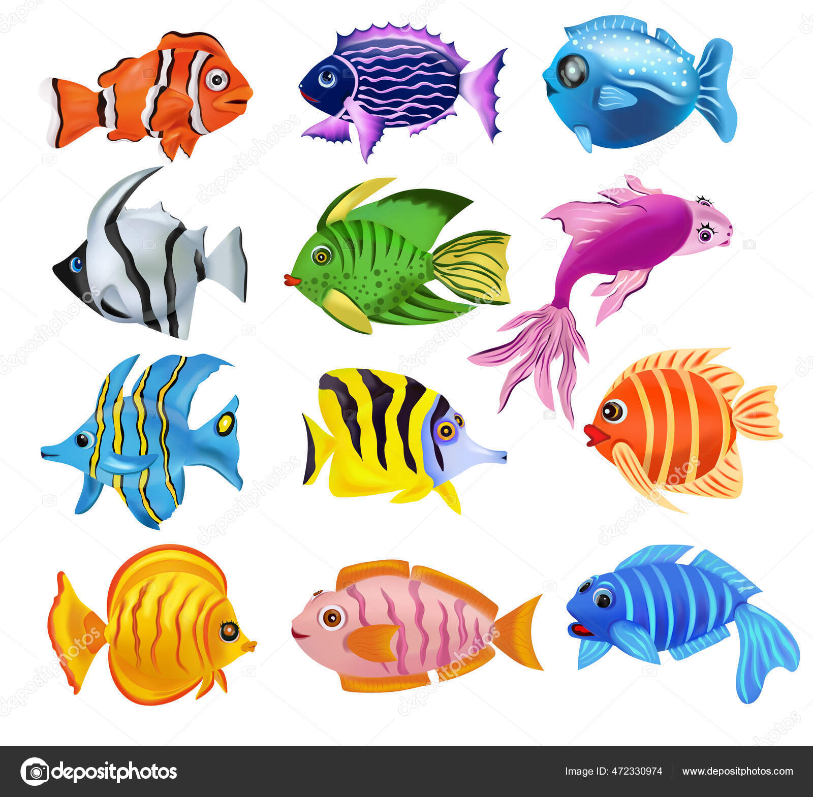Kolekcja Tropicals kolorowe ryby. Addis butterfish, francuski angelfish, Reef fish, Clownfish, i
