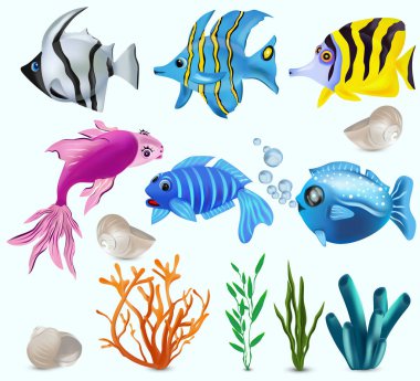 Su altı dünyası, tropikal balıklar. Addis kelebeği, Fransız melek balığı, resif yıldızı, denizyıldızı, yosun, mercan, kabuk. Çizgi film karakteri. Vektör illüstrasyonu.