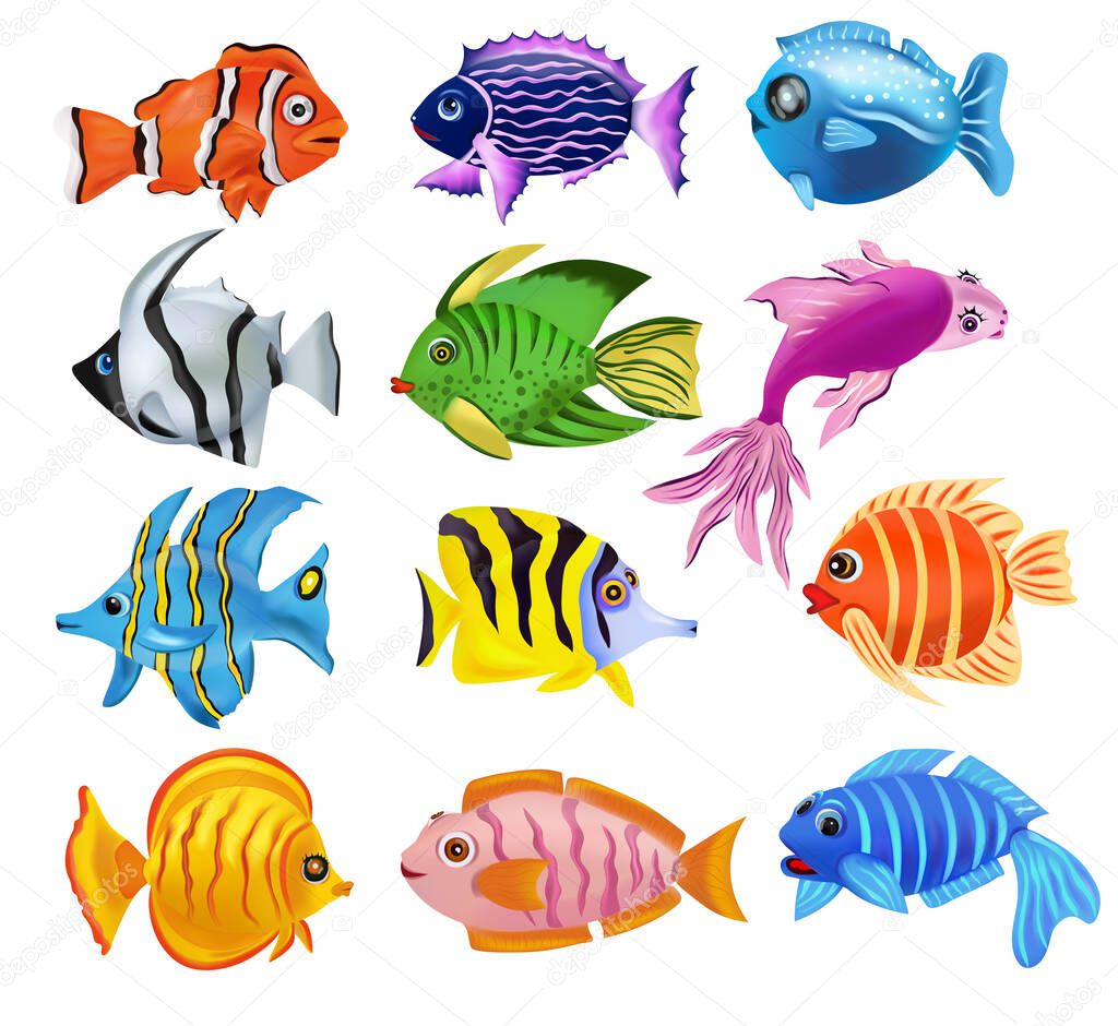 Collection Tropicals colorful fish. Addis butterfish, French angelfish, Reef fish, Clownfish, an others. Underwater world, Cartoon character. 3D vector icon