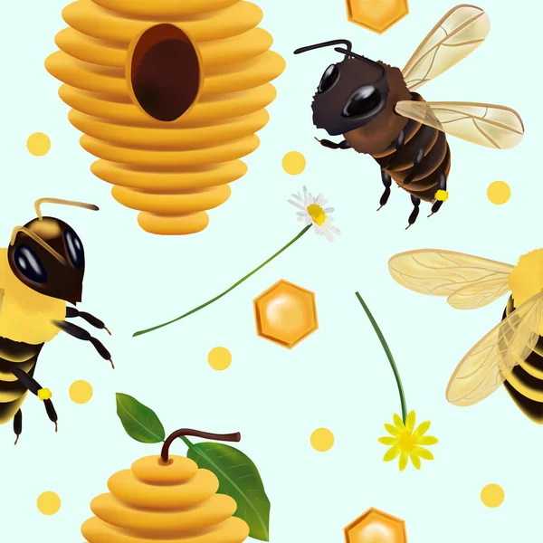 Modèle sans couture avec abeille domestique, nid d'abeille, ruche, fleur pour votre conception. Illustration vectorielle — Image vectorielle