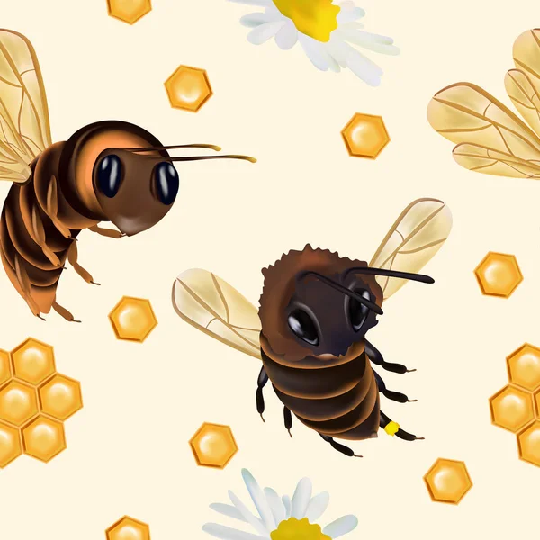 Płynny wzór z owadem, osy, wosku pszczelego, pszczoły miodnej, kwiat rumianku. Wzór z owadami do twojego projektu. Ilustracja 3d wektora. — Wektor stockowy
