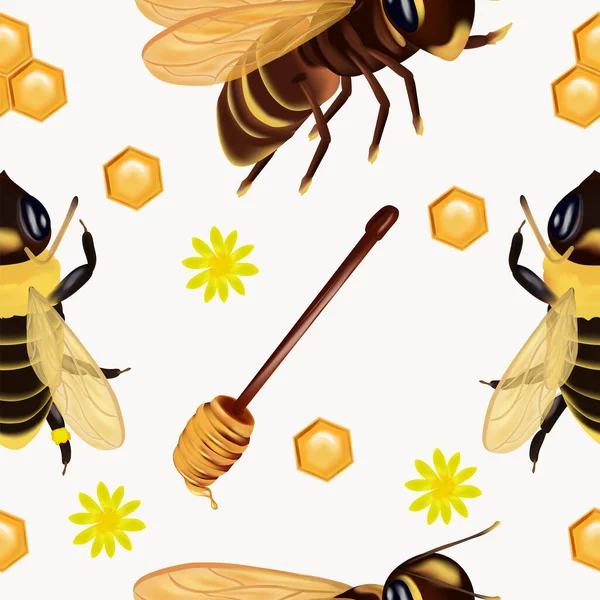 Padrão sem costura com inseto, vespa, cera de abelha, abelha, mel dipper, flor. Padrão com inseto para o seu projeto. 3d ilustração vetorial. —  Vetores de Stock