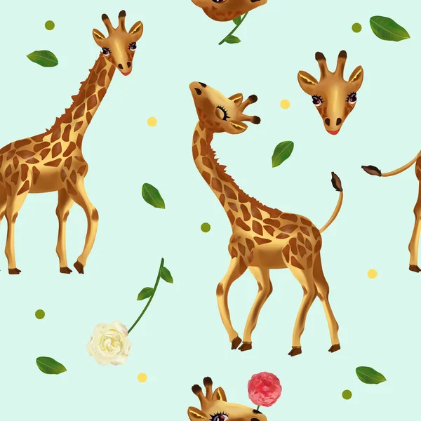 Cute Tropical giraffe seamless pattern. Pattern with wild animals, Head Giraffe, flower, leaf. 3d Vector illustration. — Stock Vector