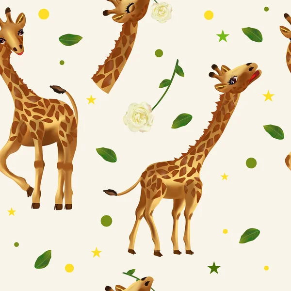 Modello senza soluzione di continuità carino giraffa tropicale, animali selvatici, fiore, foglia. Modello con animale selvatico per il vostro disegno. Illustrazione vettoriale 3d — Vettoriale Stock