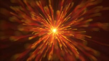 Uzayda soyut bir Büyük Patlama. Hızlandırılmış gecikmeli etkiyle uzayda uçan parçacıklar. Büyük patlamadan sonraki parçacıklar tüm alanı dolduruyor. 4K 3D Canlandırma