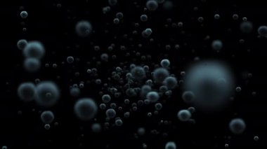 Sualtı baloncuklarının hızlı bir şekilde yüzeye doğru siyah bir zemin üzerinde akması. Su altı baloncuk bulutu. Siyah arkaplanda 4K döngü 3 boyutlu canlandırma