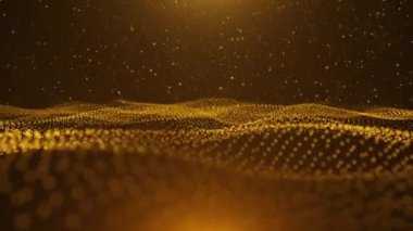 Altın parıldayan, ışıldayan parçacıkların soyut arka planı. Dalga parçacıkları ile dijital imza, ışılda. Parlak ışığı olan yüzen güzel altın parçacıkları yükselir. Kusursuz döngü 3D. 4K