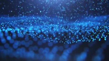 Parlayan parçacıklardan oluşan soyut büyük veri teknolojisi. Dalga parçacıkları ile dijital imza, ışılda. Veri akışı konsepti, veri aktarımı. Kusursuz döngü 3D. 4K canlandırması