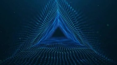 Abrakt parçacıklar arka planda, üçgen şeklinde bir koridorda uçuyorlar. Mavili parlak çizgiler. Arka plan Futuristik Tüneli. Döngüye dayanıklı 3D 4K canlandırma