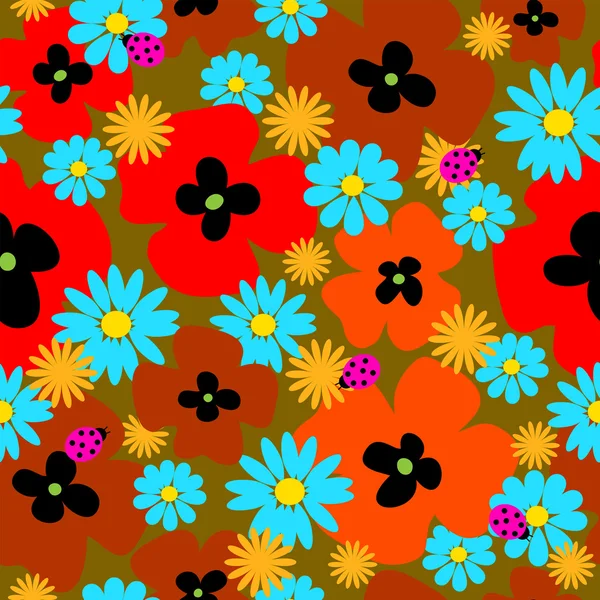 Modèle sans couture fleur avec coquelicots et coccinelles — Image vectorielle