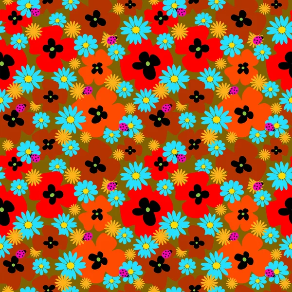 Seamless cute pattern with bright flowers and ladybirds — Stock Vector