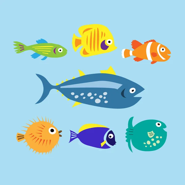 Conjunto de dibujos animados lindos peces marinos de colores — Archivo Imágenes Vectoriales